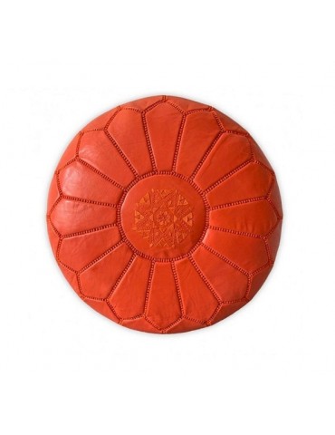 Orange handmade pouf in natural leather