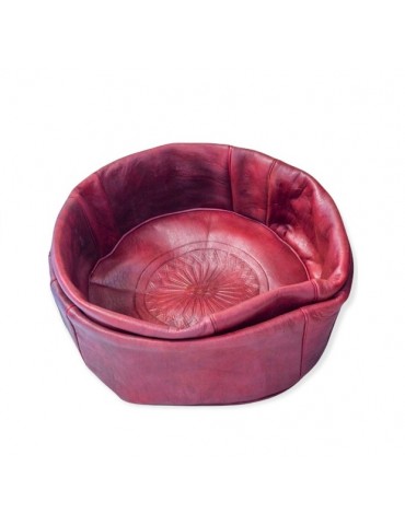 Set of two decorative handmade real red leather poufs