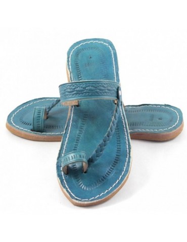 Sandalia de moda en piel auténtica trenzada azul 100% hecha a mano