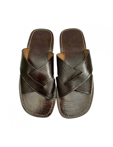 Sandale en vrai cuir 100% fait main confortable marron croisé