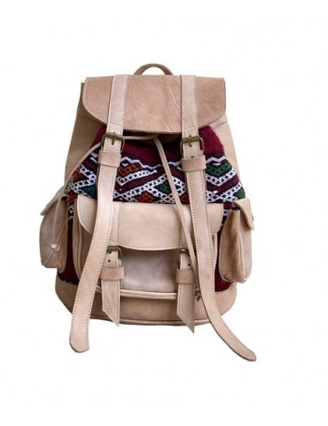 Backpack in real beige leather and handmade kilim