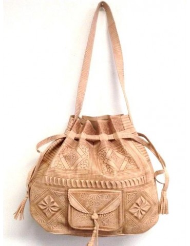Beige nahkalaukku olkahihnalla Marrakech käsityö.