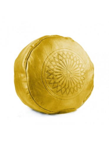 Yellow pouf in real leather for living room