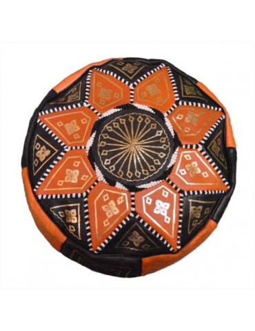 Černý a oranžový kožený pouf do obývacího pokoje