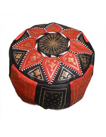Black and red pouf in natural leather for living room