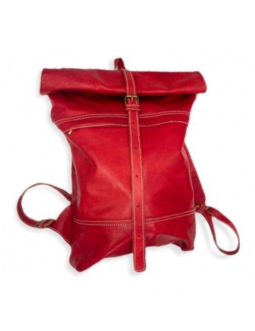 Handgjord röd reseryggsäck i äkta läder