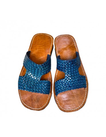 Sandale en cuir véritable confortable artisanal haut de gamme Bleu