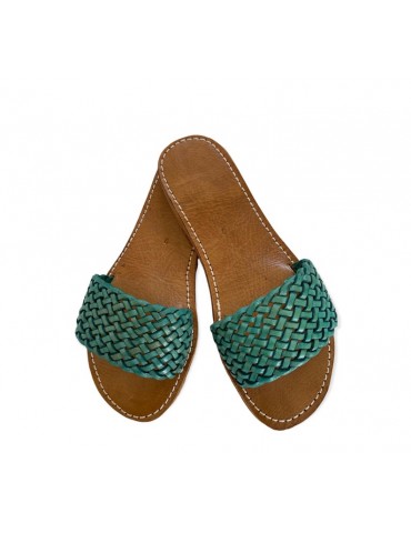 Sandales nu-pieds femme en vrai cuir tressés bleu turquoise